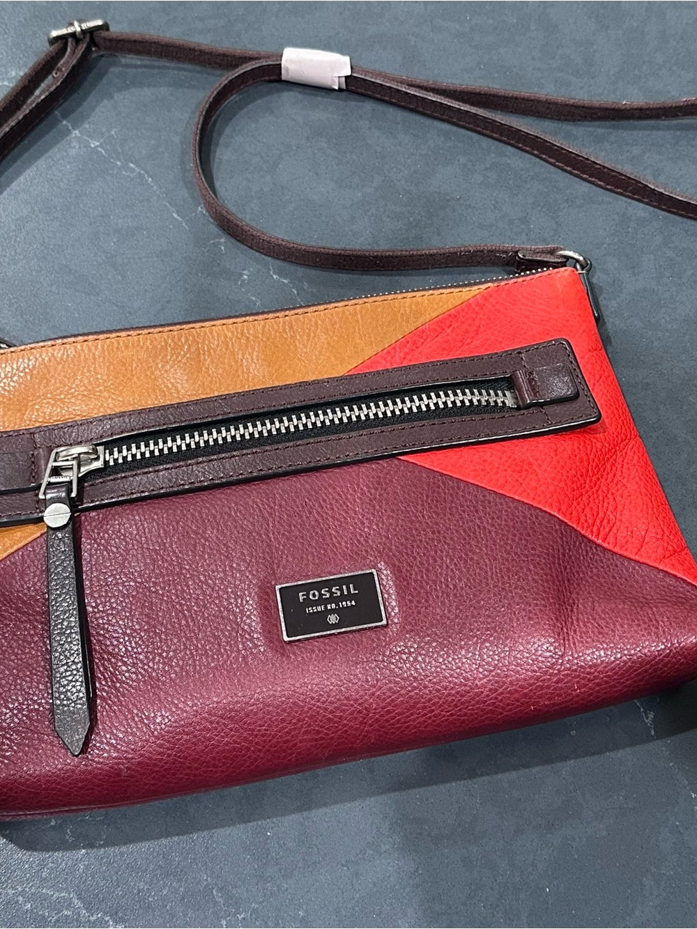 Fossil Leather Color Block Crossbody Bag Burgundy Red Tan NWOT
